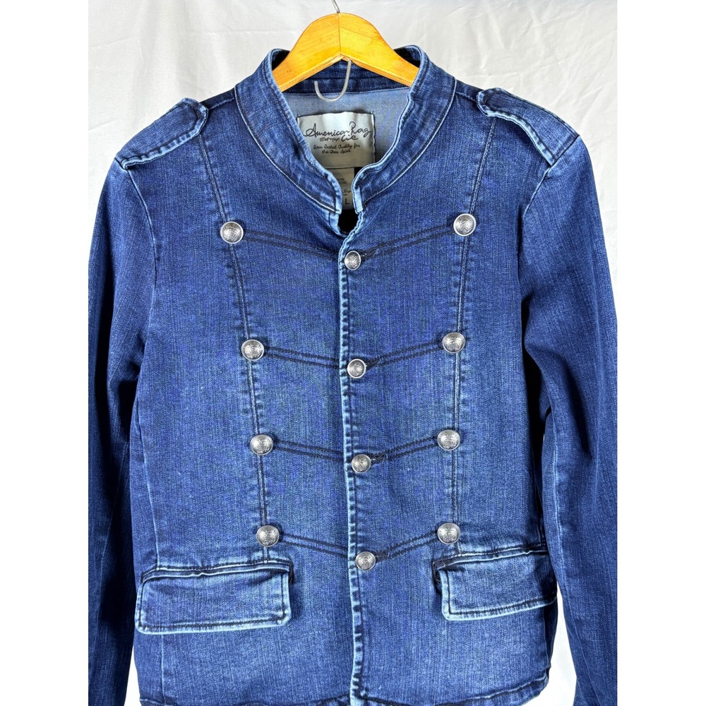 American Rag Womens Military Denim Jacket Blue Crest Button Stand Collar Large - Picture 6 of 7